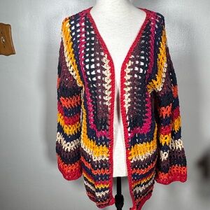 Farm Rio Sz S Multi Color Crochet Open Front Long Bell Sleeves Cardigan Sweater